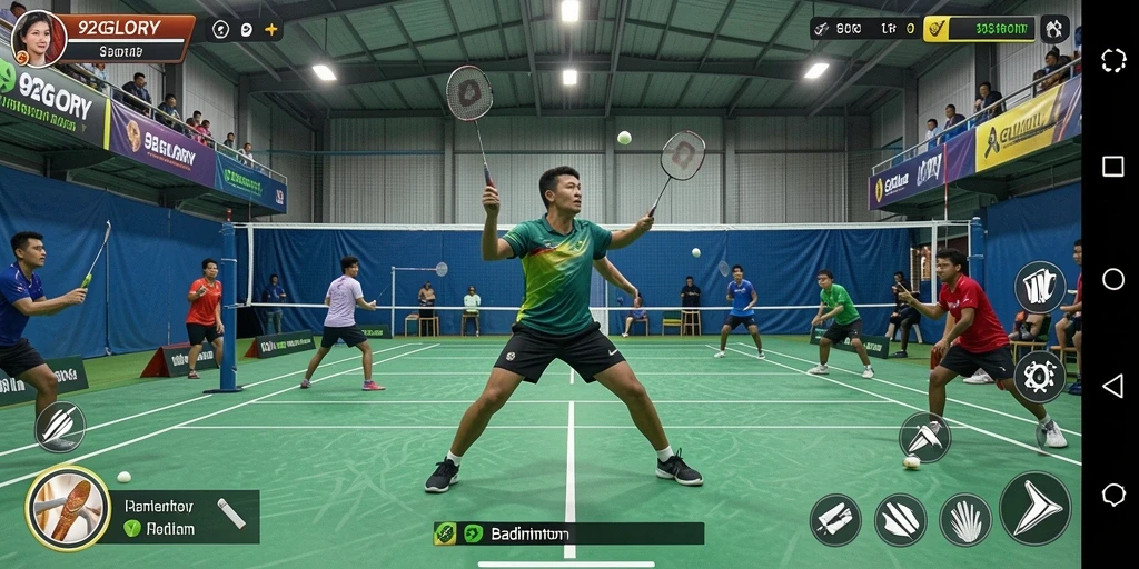 Tampilan antarmuka utama 92GLORY saat bermain Badminton.