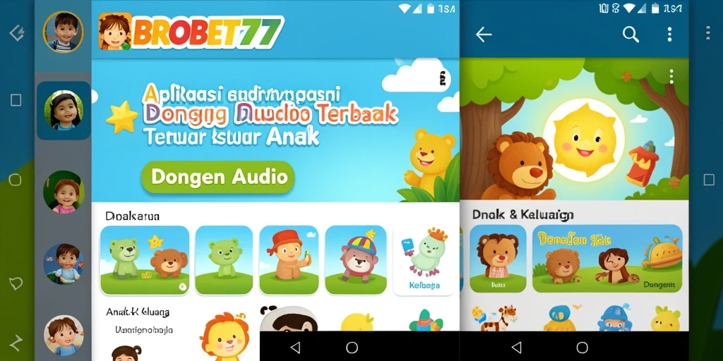 Tampilan antarmuka aplikasi BROBET77 dengan berbagai pilihan dongeng audio.