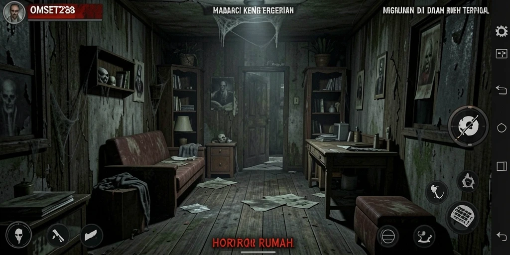 Screenshot dari gameplay <strong>OMSET288</strong> menunjukkan suasana menegangkan di dalam rumah angker.