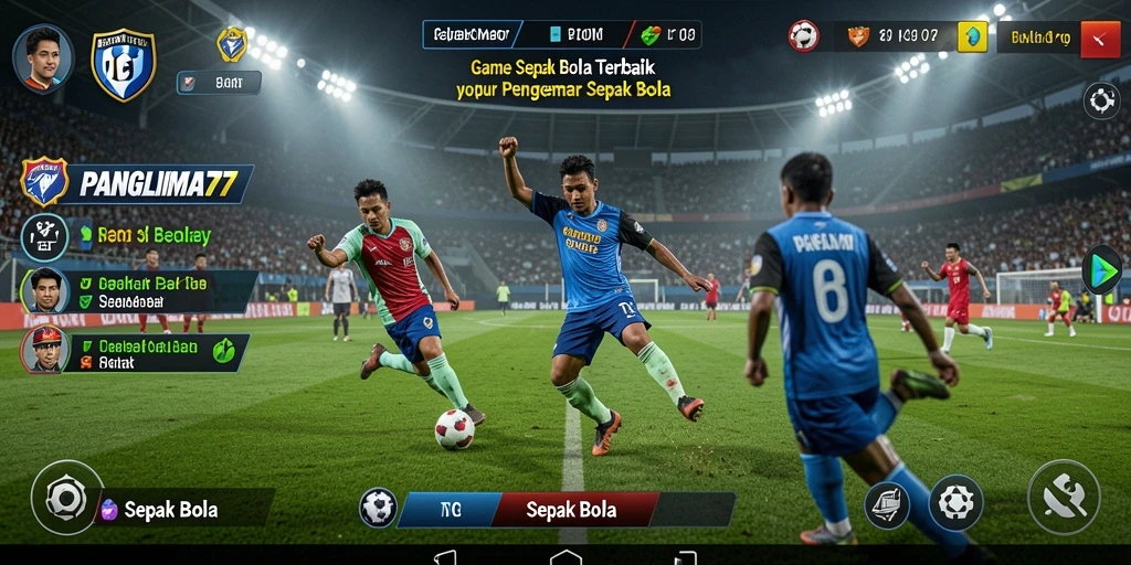 Screenshot utama PANGLIMA77 menunjukkan gameplay sepak bola yang menarik.